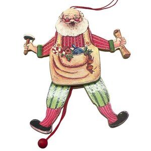 vtg ROC Christmas pull string Santa Claus tree ornament wood made in Tawain READ